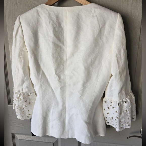 $240 Nipon Boutique Linen Blend Blazer Jacket Women 6 Lace Flare Sleeve Eyelet - Picture 13 of 14